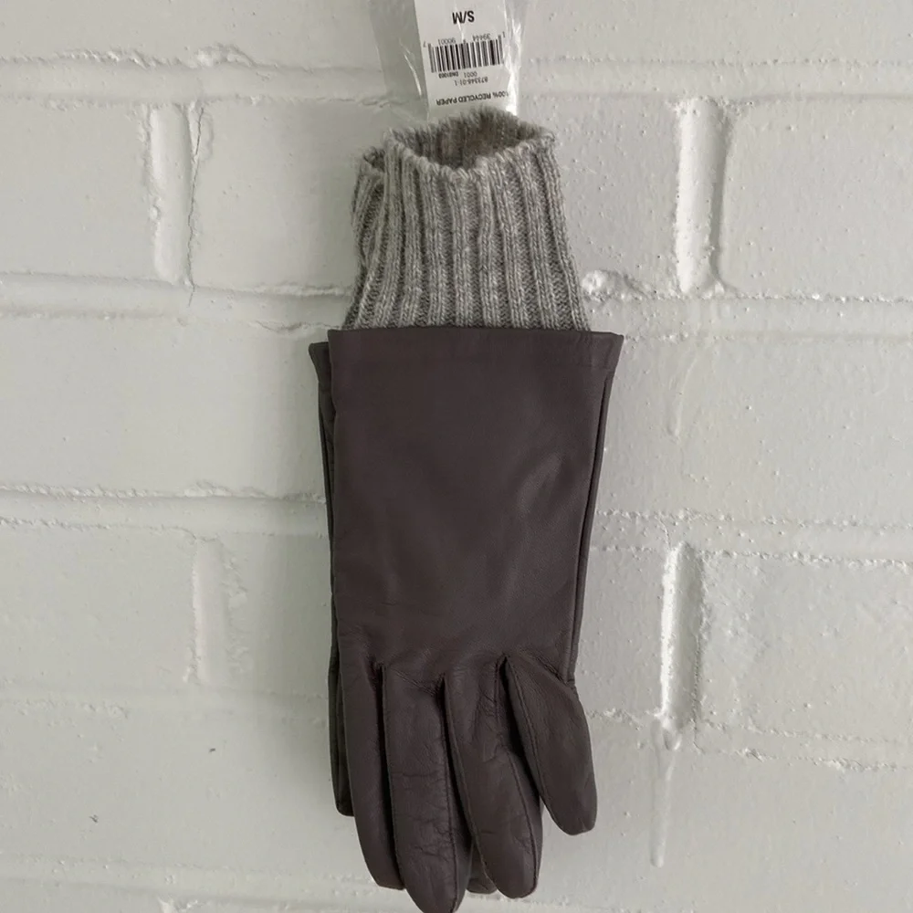 Womens Banana Republic Grey Leather Winter Driving Gloves Ribbed Knitted Cuff